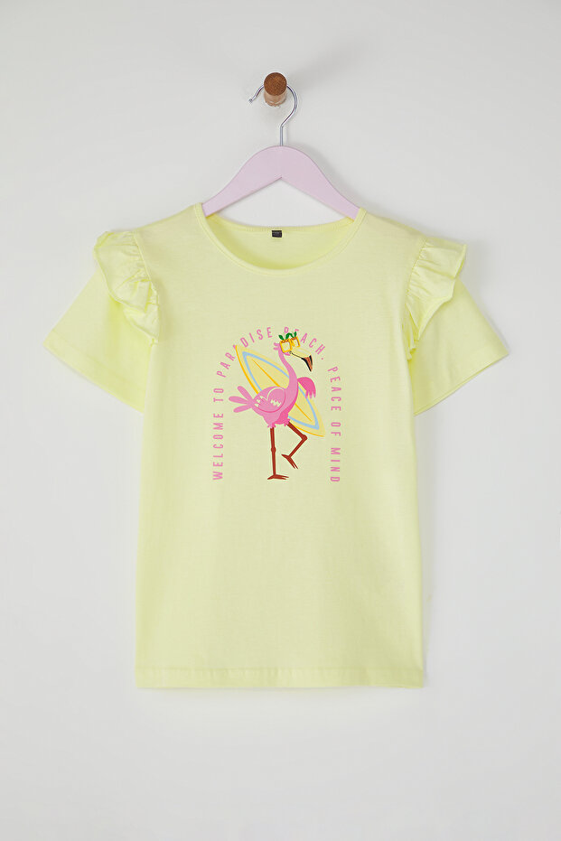 Sarı Kız Çocuk %100 Pamuk Flamingo Baskılı Kısa Kol Örme T-Shirt TKDSS25TS00061 - 4