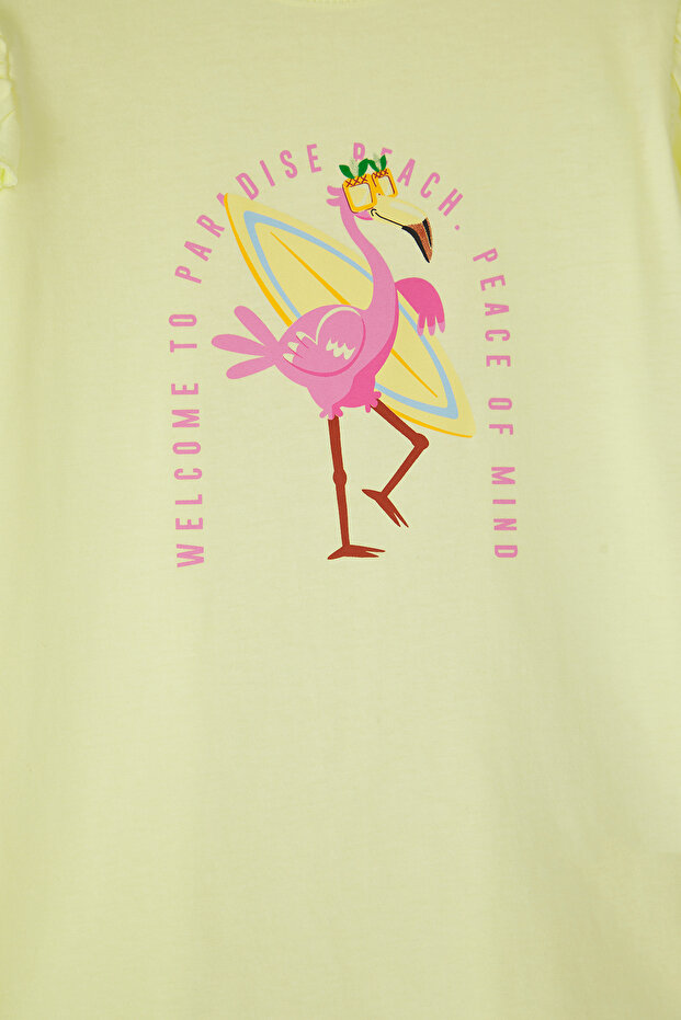 Sarı Kız Çocuk %100 Pamuk Flamingo Baskılı Kısa Kol Örme T-Shirt TKDSS25TS00061 - 5