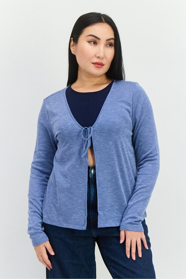 Women Tie Neck Ribbed Cardigan, Blue