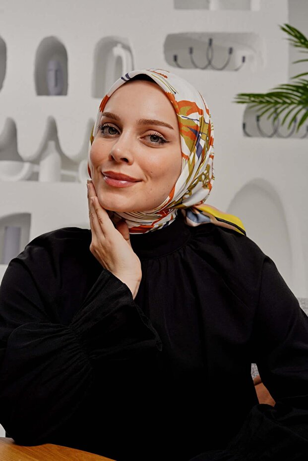 Yaprak Desen Sarı Soft Pamuk Eşarp - 3