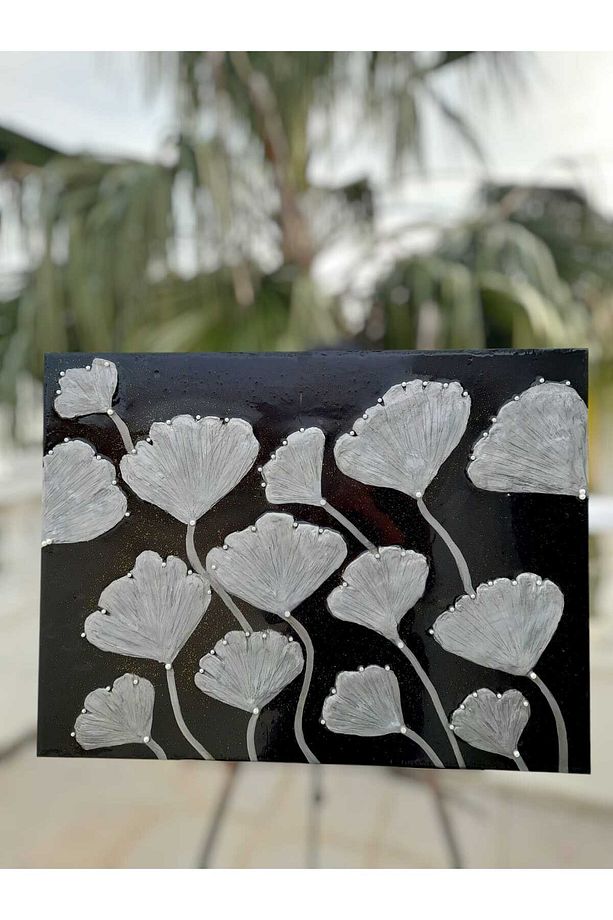 Lüks Duvar Dekoru: 60x80 cm Epoksi Kaplamalı Gümüş 3D Çiçek Tasarımı El Yapımı Tablo - 3