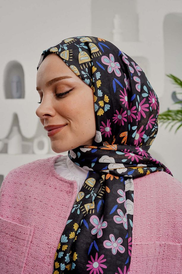 Çiçek Desen Sarı Soft Pamuk Şal - 5
