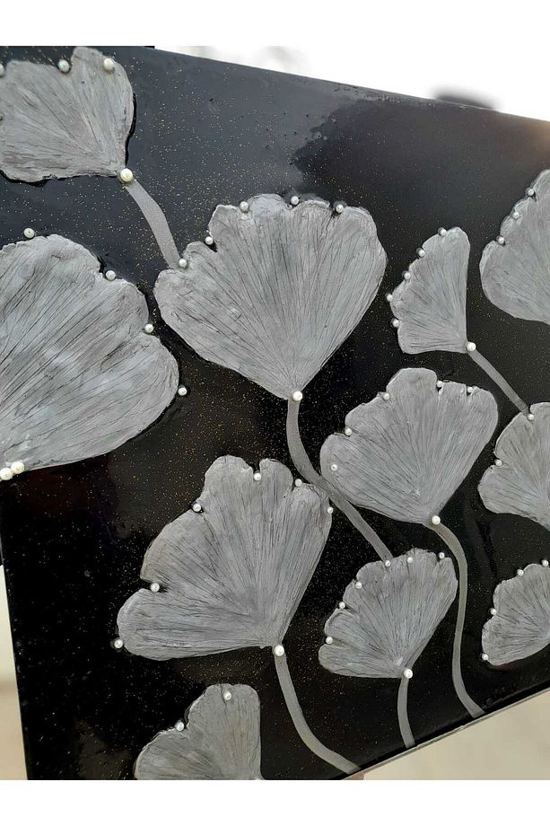 Lüks Duvar Dekoru: 60x80 cm Epoksi Kaplamalı Gümüş 3D Çiçek Tasarımı El Yapımı Tablo - 7