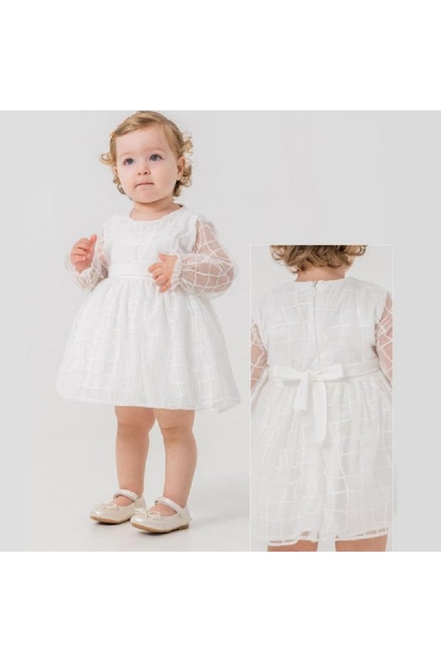 Square Patterned Baby Girl Dress with Tulle Sleeves