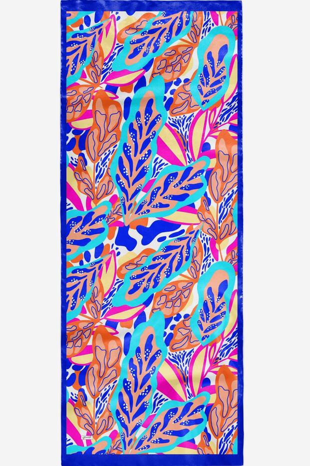Blue Soft Cotton Tropical Leaf Patterned Shawl - 5