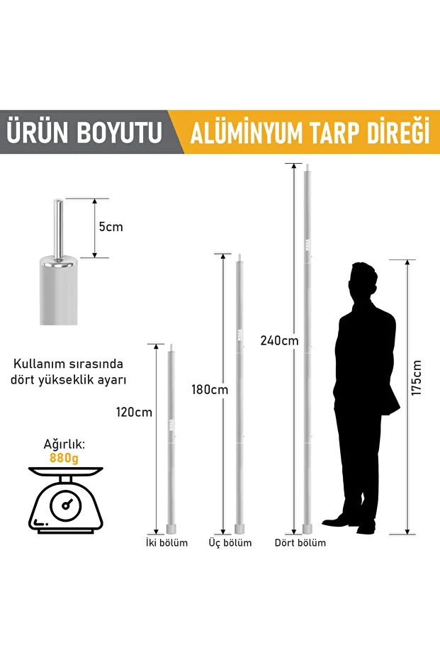 Tarp Kamp Direkleri, 2`li Set Teleskopik Alüminyum Tente Çadır Gölgelik Branda Direkleri Gümüş - 2