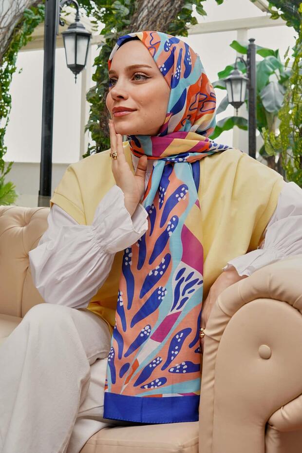 Blue Soft Cotton Tropical Leaf Patterned Shawl - 1