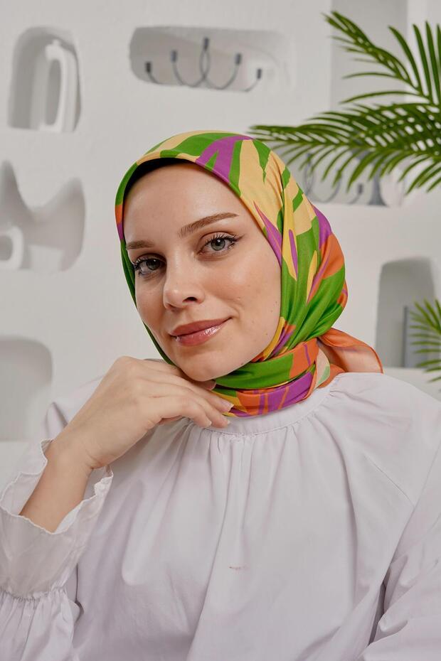 وشاح قطني أخضر ناعم - نمط أوراق الشجر - 3