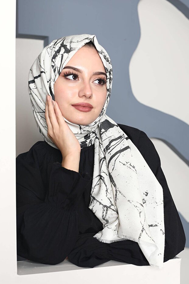 شال قطن أبيض - نمط رخامي - 2