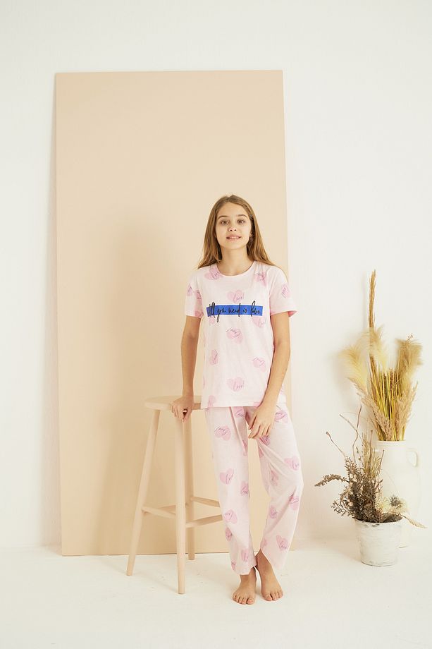 pembe desenli Pamuklu Bisiklet Yaka Örme Pijama Takım25107154 - 3