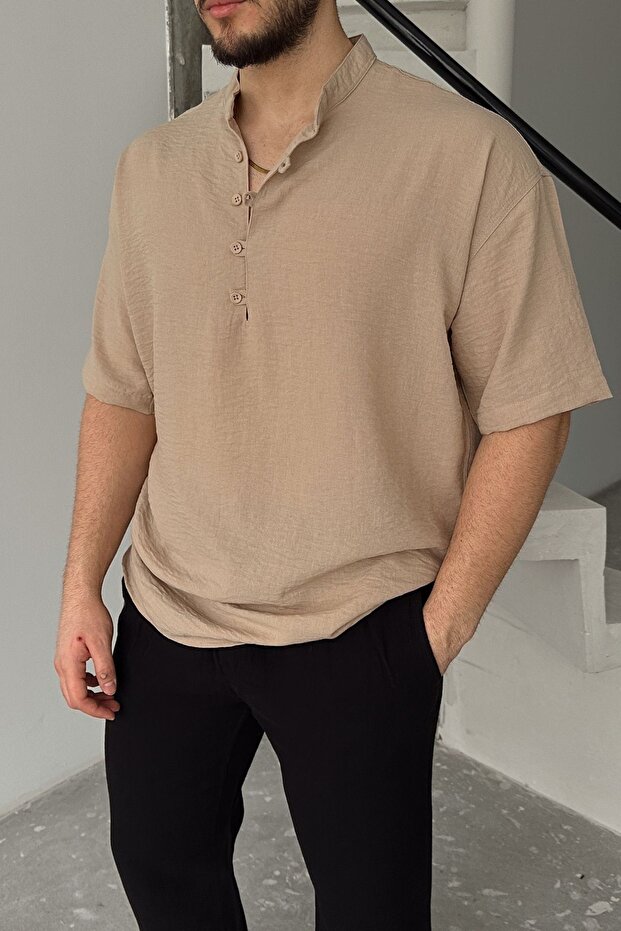 Soro Men's Oversize Linen Look Short Sleeve Court Collar Half Placket Shirt