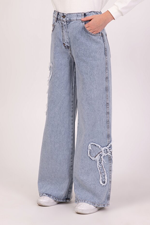 Cotton Bow Embroidered Jeans for Ages 9-14