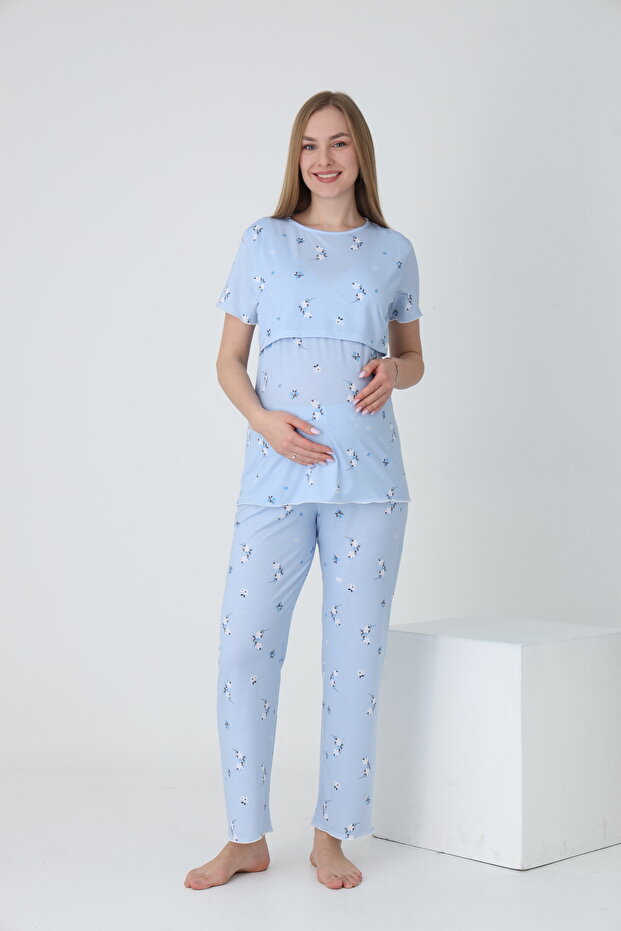 Short Sleeve Adjustable Elastic Waist Detailed Printed Maternity and Postpartum Pajama Set Suitable for Breastfeeding