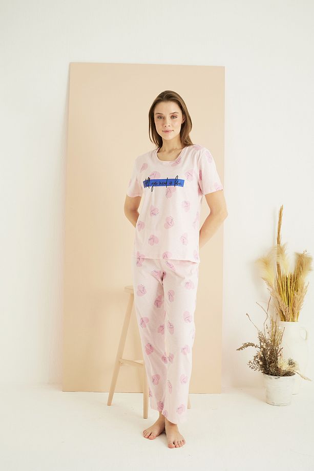 pembe desenli Pamuklu Bisiklet Yaka Örme Pijama Takım25107154 - 2