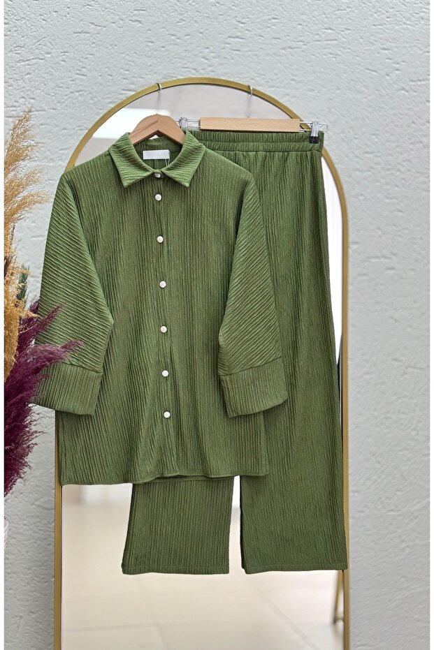 Zeliha Low Sleeve Drop Fabric Pants Suit-Ay8584 Green