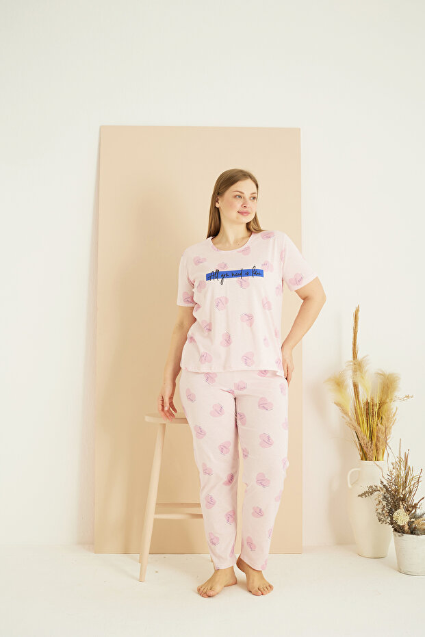 Pink Patterned Curve Plus Size Oversize Cotton Pajama Set 25103738 - 2