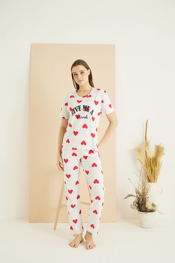 ekru kalp desenli Pamuklu Bisiklet Yaka Örme Pijama Takım25107148 - 2