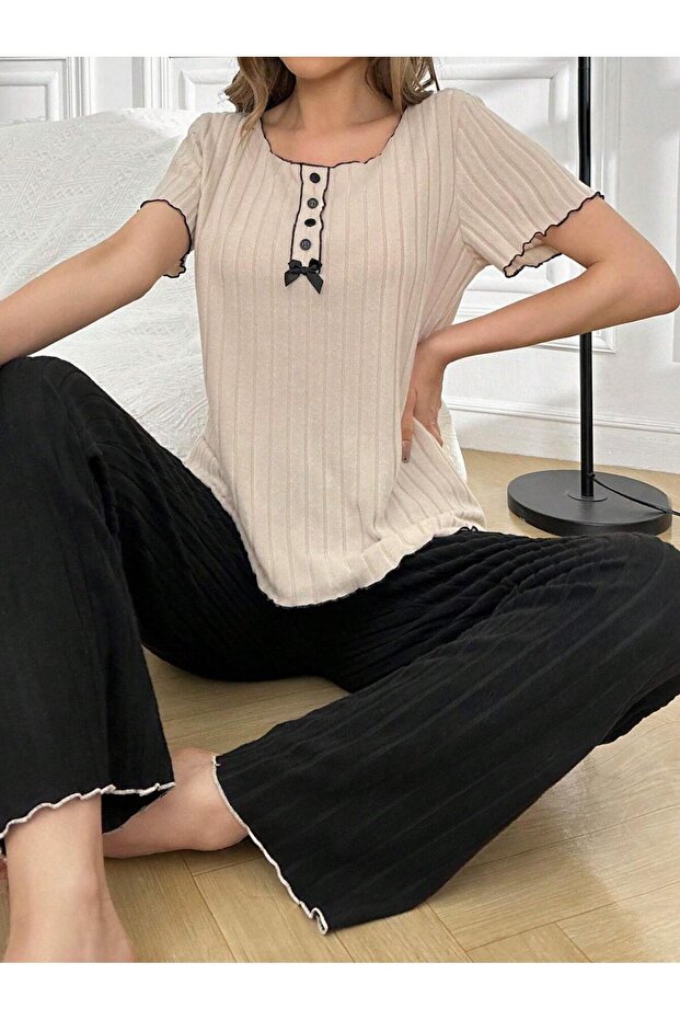 Cotton Ornamental Button Short Sleeve Pajama Set