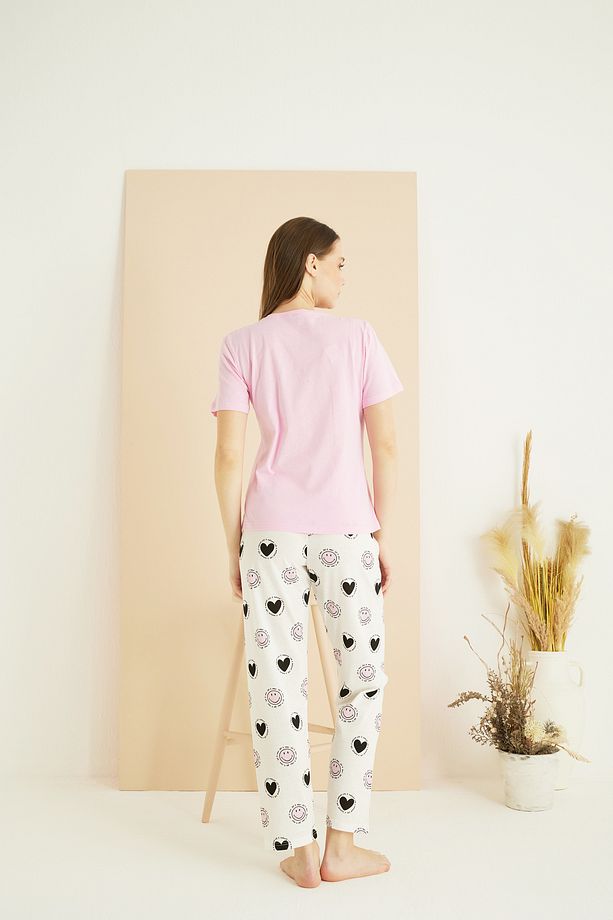 pembe desenli Pamuklu Bisiklet Yaka Örme Pijama Takım25107127 - 4