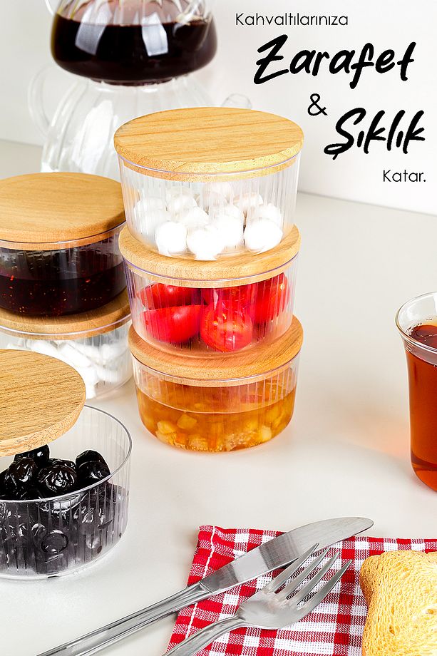 6'lı Ahşap Kapaklı Saklama Kabı Seti - Yuvarlak Sunumluk Çerezlik Reçellik Kahvaltılık Set 200 ml - 2