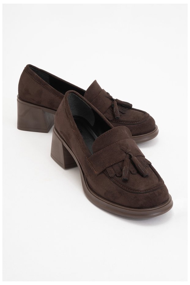 Marlo Brown Suede Tasseled Women's Thick Heeled Loafer Shoes