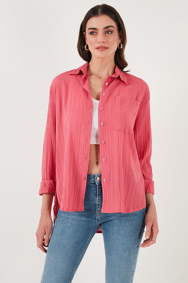 Regular Fit Tek Cepli Önü Kısa Arkası Uzun Krinkıl Gömlek GÖMLEK 6772752 - 6