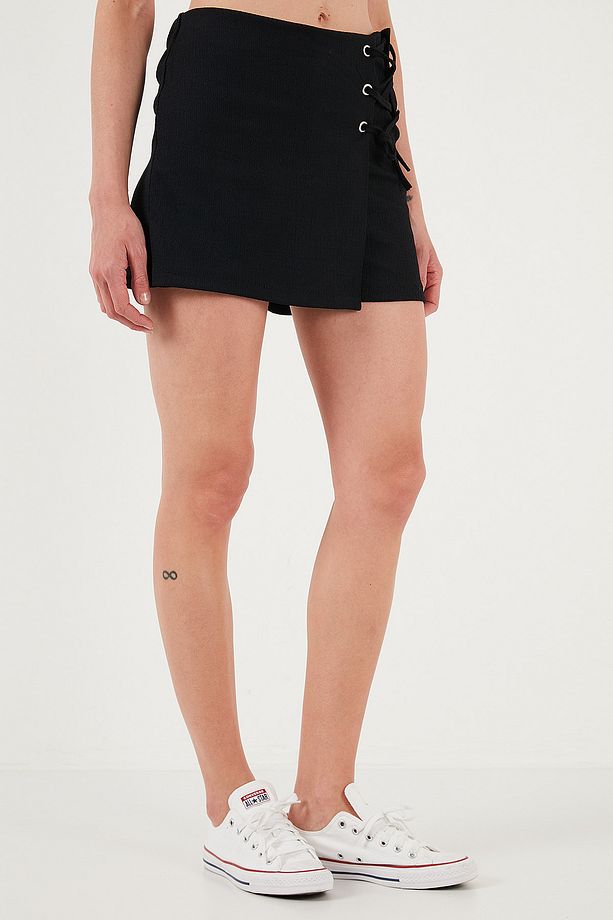 Streç Bağlamalı Slim Fit Yüksek Bel Mini Şort Etek ŞORT ETEK 5865745 - 4