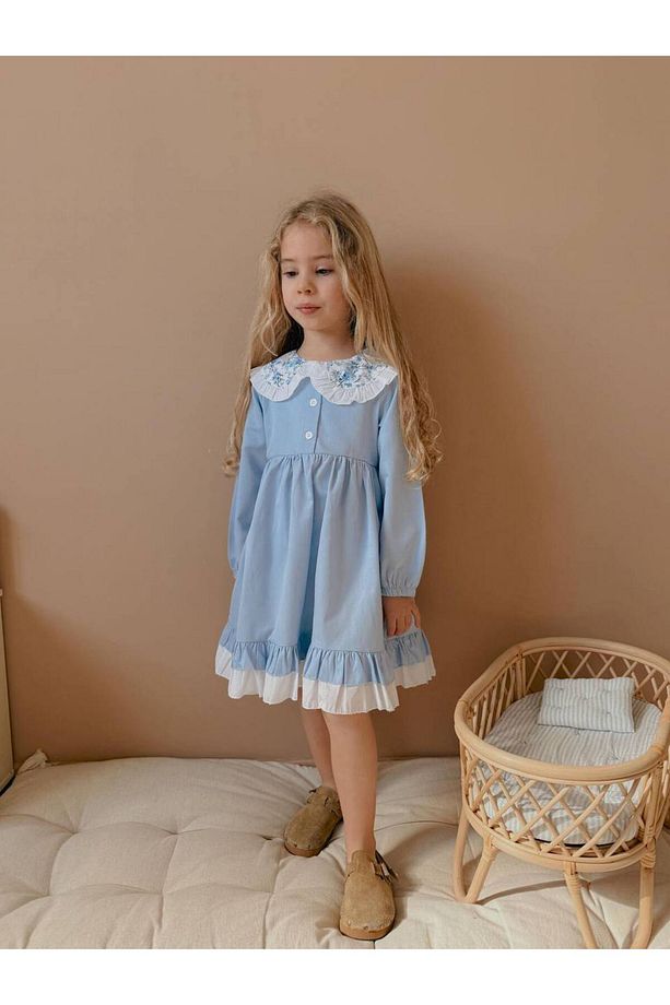 Yigit Butik Poplin Kumaş Gömlek Yaka Kız Çocuk Elbise - 3
