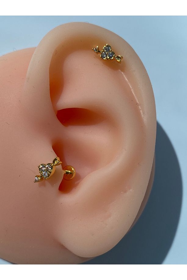 Çelik Piercing Tragus Helix Lob Kıkırdak  Kalp Ok Sarı Renk - 3