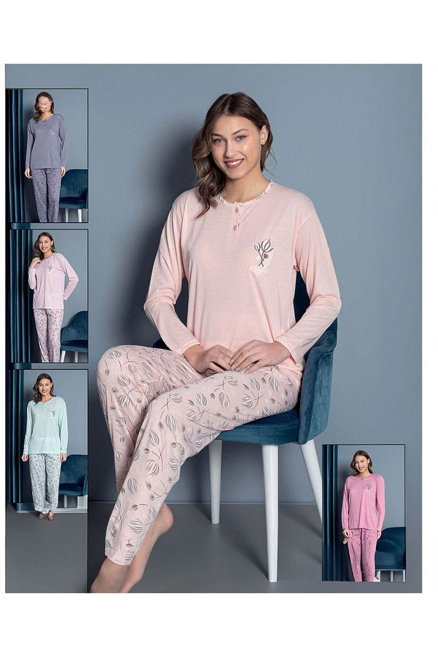 Pudra Çiçekli %100 Viscon Dokuma Pijama Takımı - 1