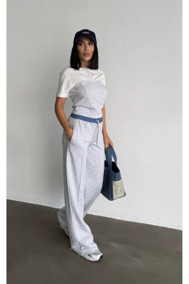 Denim Belt and Lace Detail Tracksuit Suit-M - Gray
