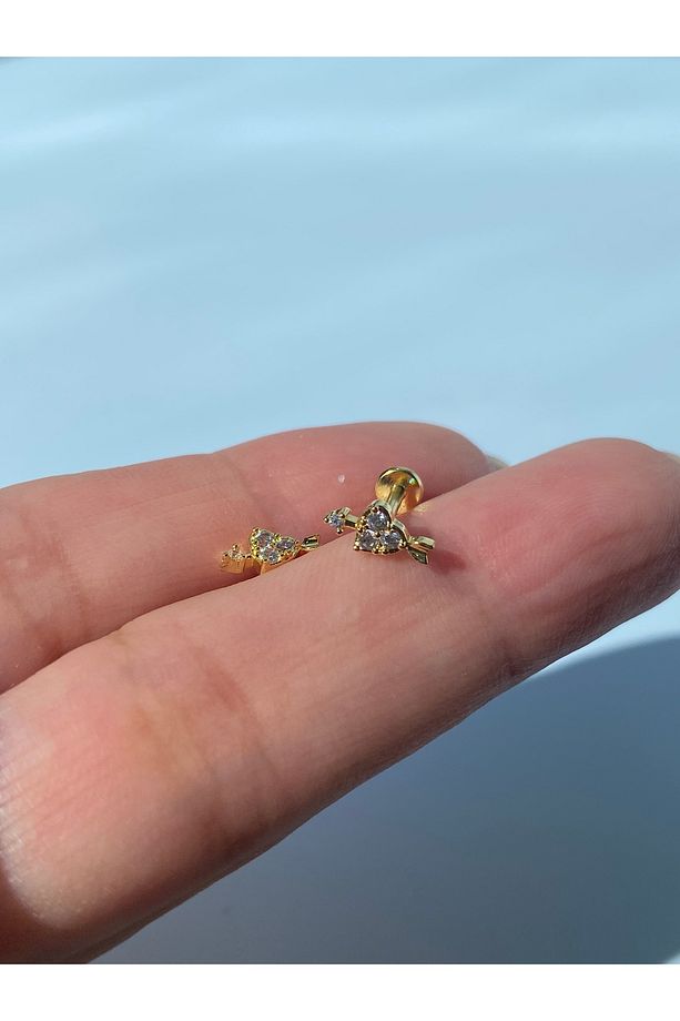 Çelik Piercing Tragus Helix Lob Kıkırdak  Kalp Ok Sarı Renk - 2
