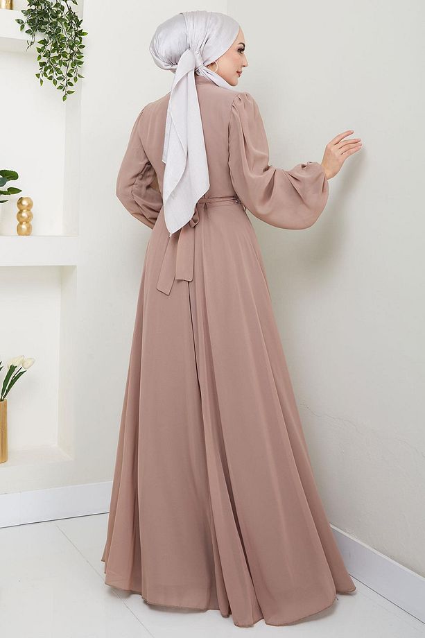 Kuşağı Taşlı Şifon Abiye Elbise Vizon HM2668 - 5