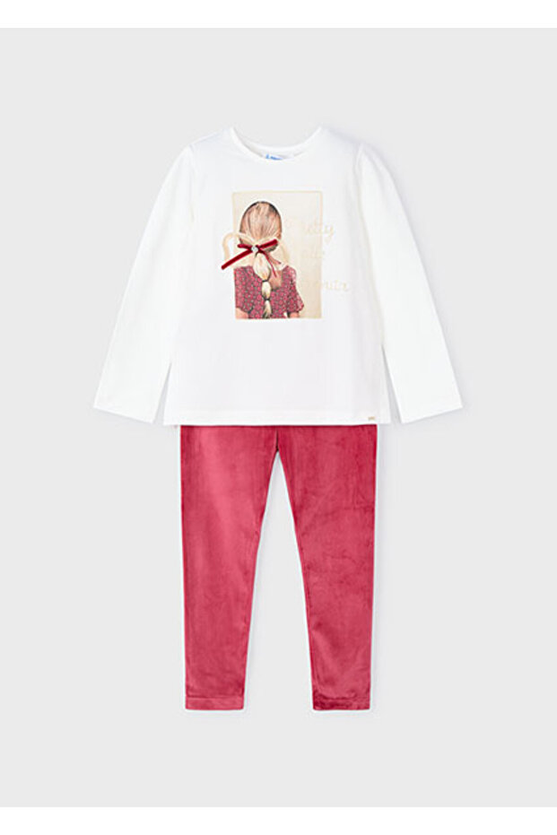 Girl's Blouse Velvet Leggings Set White-Red 4705
