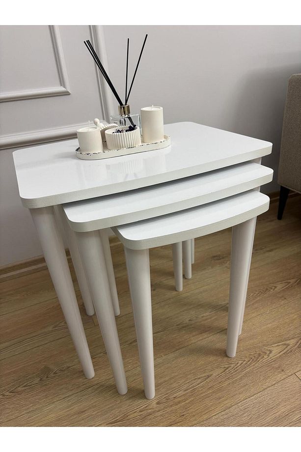 3’lü 1. Sınıf Üst Düzey Kaliteli Mdf Beyaz Zigon Sehpa - 1