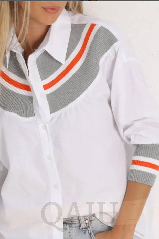 Women's Cotton Shirt with Knitted Collar Detail