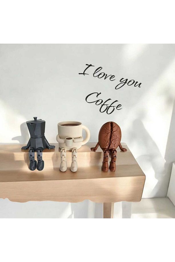 Kahve Köşesi Sevimli Biblo Seti 3lü Kahve Çekirdeği, Bej Kahve Kupası, Moka Pot, Coffee Set - 1