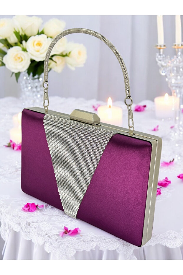 Purple Satin Silver Stone Metal Handle Evening Bag Evening Bag