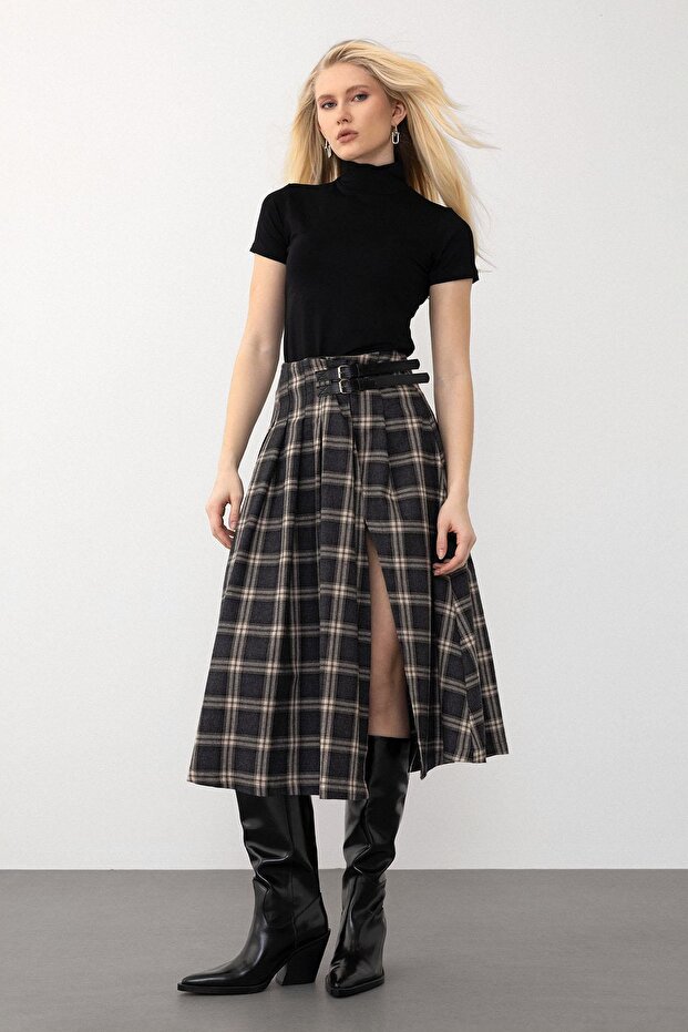 Spódnica w kratę z rozcięciem i paskiem ANTRACYT 7057 - 5