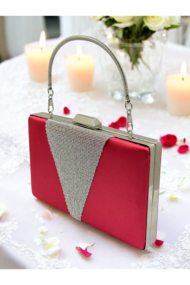 Fuchsia Satin Silver Stone Metal Handle Evening Bag Evening Bag