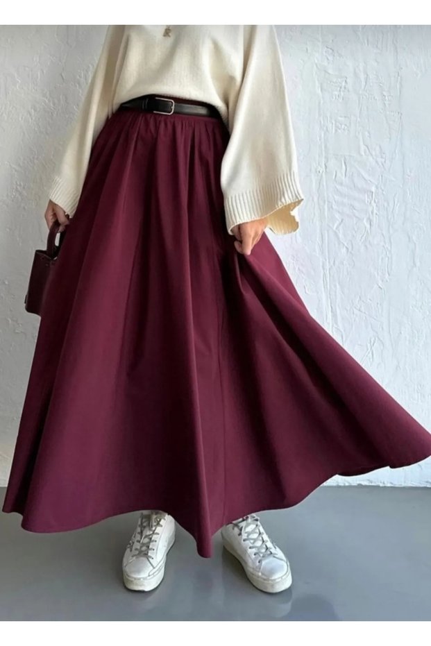 Women's Clothing Elastic Waist Double Pocket Poplin Skirt Burgundy