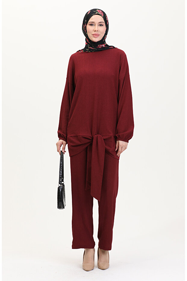 Front tied tunic pants double set 7680-02 burgundy