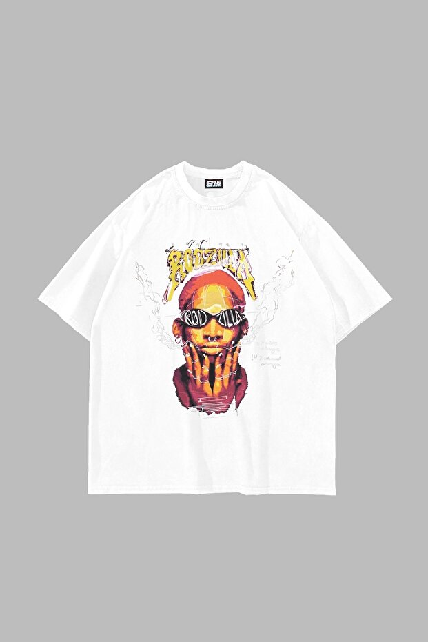 Rodzilla Printed Oversize Unisex White Tshirt