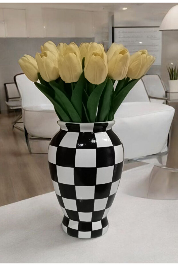 Ceramic, Hand Painted, Checkerboard Patterned Vase Shah Cube - 1