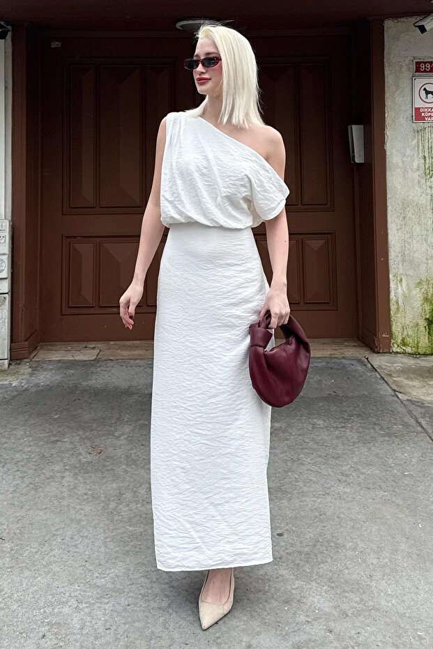 Rochie albă cu umăr Mg2349 - 1