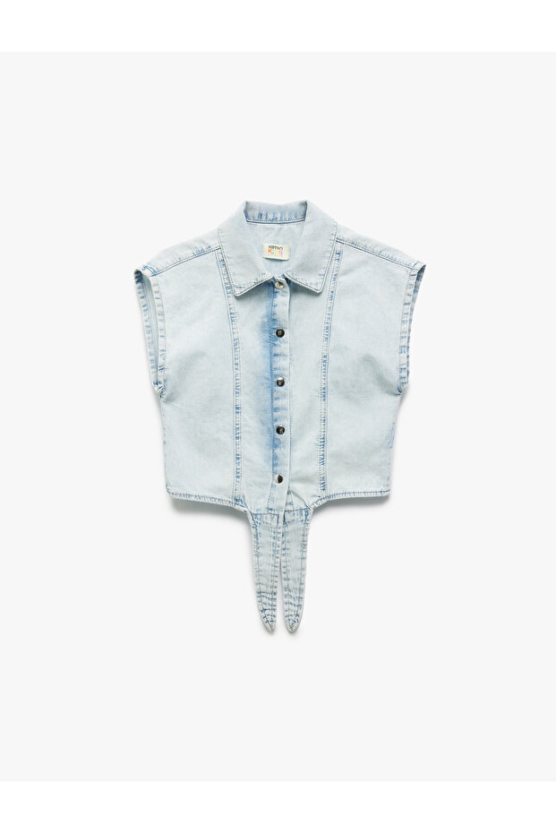 Button Closure Cotton Crop Denim Shirt with Lacing Detail