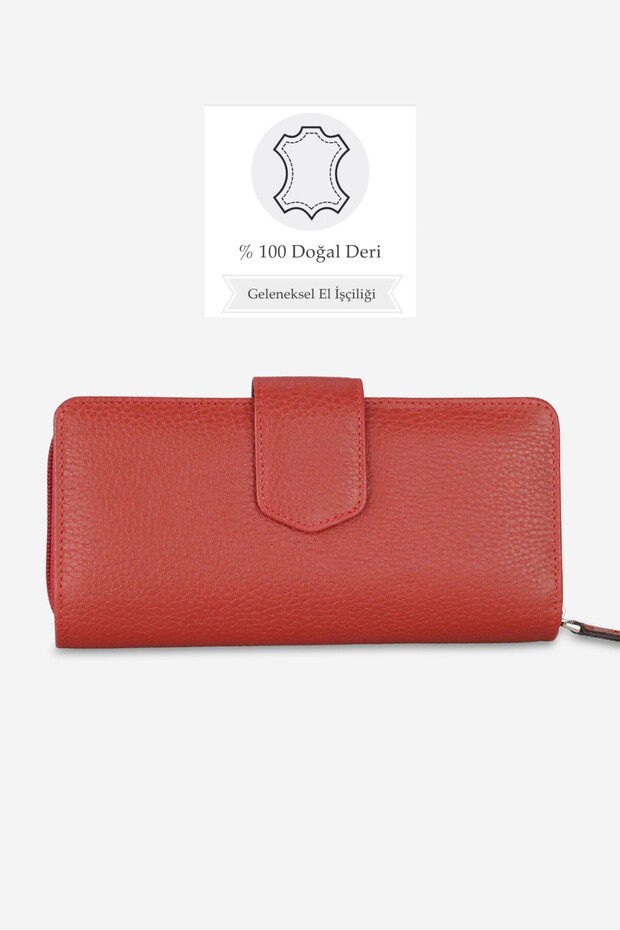 Women's Red Genuine Leather Zippered Wallet with Lots of Card Holders and Coin Compartment
