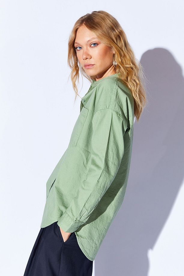 Çağla Oversize tek cepli gabardin rahat kesim soft dokulu pamuk kadın gömlek  | MKW168174-01 - 7