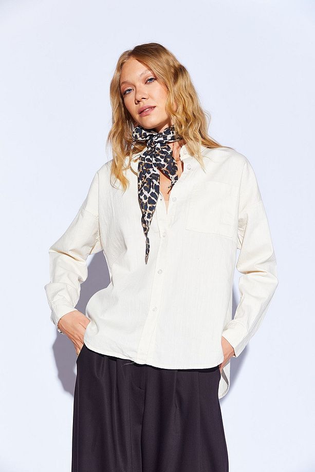 Ekru Oversize tek cepli gabardin rahat kesim soft dokulu pamuk kadın gömlek  | MKW168174-01 - 8