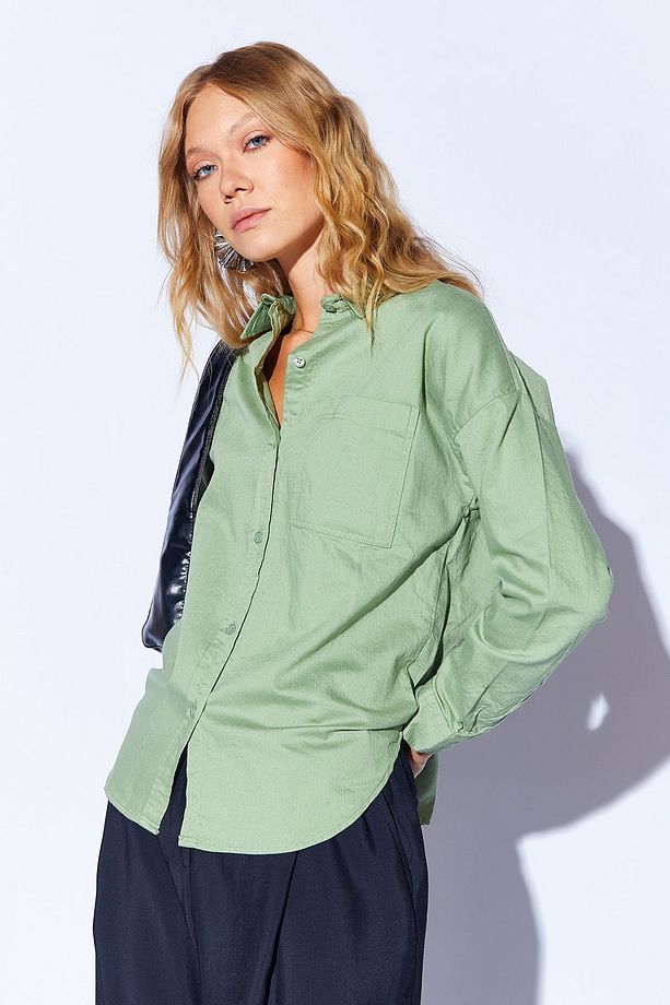 Çağla Oversize tek cepli gabardin rahat kesim soft dokulu pamuk kadın gömlek  | MKW168174-01 - 3
